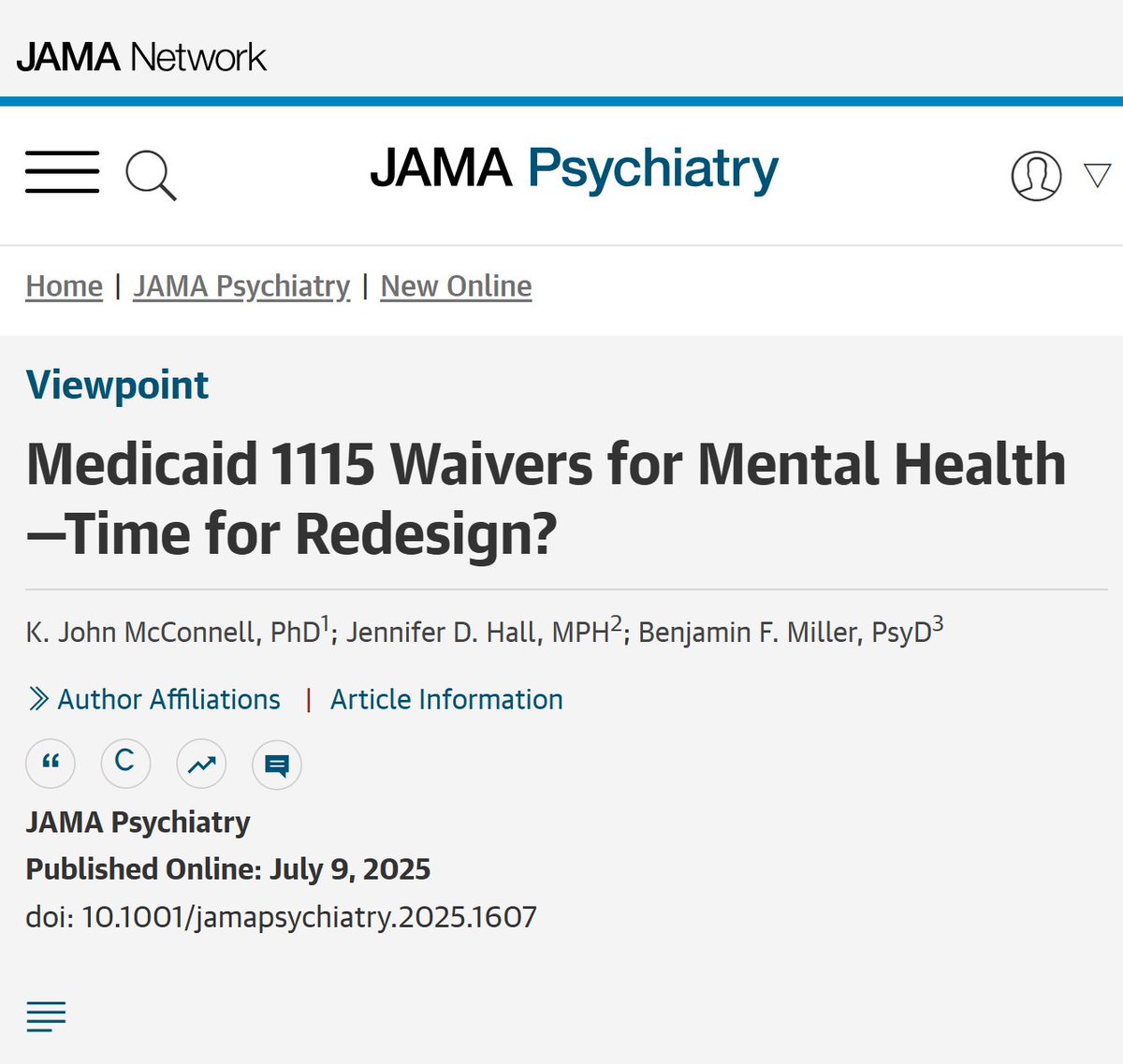 Viewpoint: #Medicaid 1115 waivers need reforms to enhance mental health care by eliminating stay limits, promoting comprehensive care, streamlining processes, and focusing on early intervention and integration. ja.ma/4mKWnfG <a href="/miller7/">Ben Miller</a>