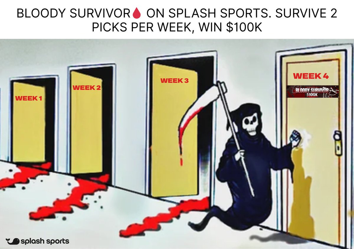 splashsports's tweet image. 2 picks per week, $100k prize. Can you survive the bloodbath? 🩸

👉 Enter Bloody Survivor now for NFL Week 4 - 2 picks per week, $100K to the last one standing.

Join Now → Link in Bio 🐳
#NFL2025 #NFL #Week4 #SplashSports #BloodySurvivor #SurvivorContest #DFS #Picks
