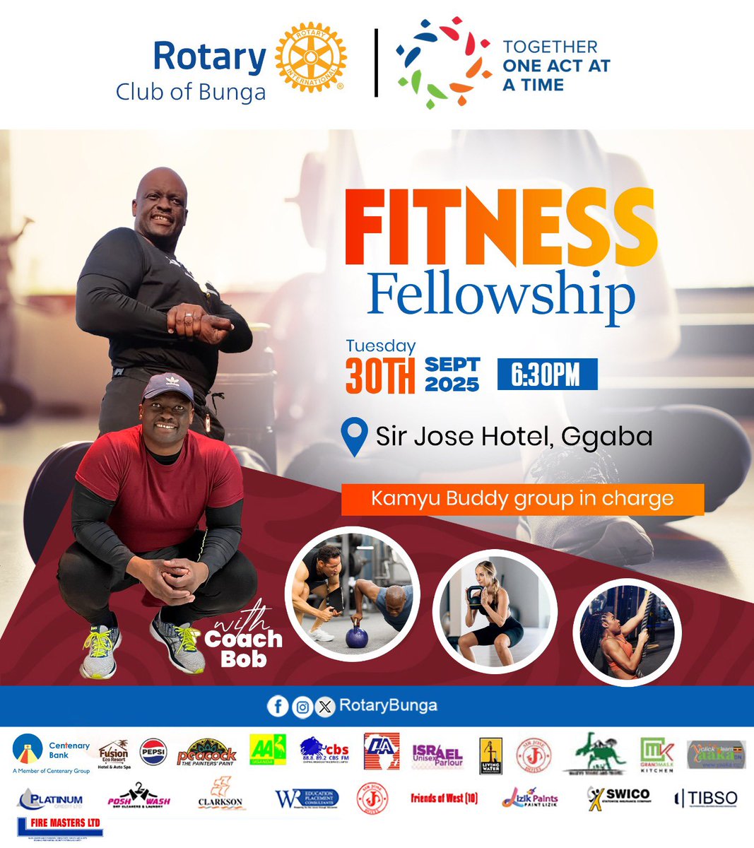 Fellowship meets FITNESS!
Join us Tuesday , 30th Sept • 6:30PM at Sir Jose Hotel, Ggaba with the unstoppable Coach Bob! 🏋🏽‍♂️

Fitness + Fellowship + Friendship = Vibes 
Kamyu Buddy Group | RC Bunga

#Rotary #Wellness #TogetherOneAct