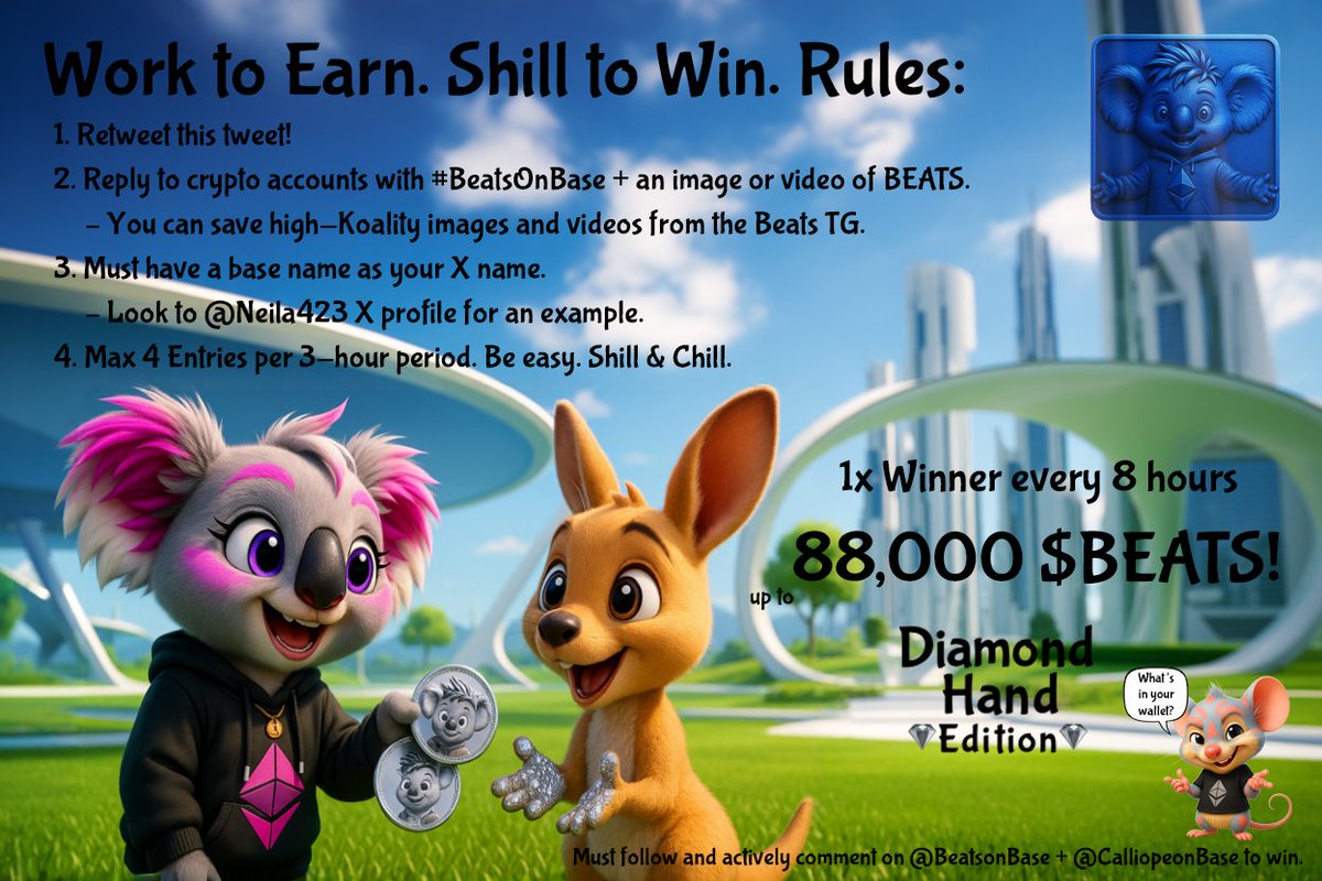 0xCalliope's tweet photo. 🚨💚 Exciting news, Beats community! 🎉 I randomly selected @pinkydinosau for their awesome shill tweet, and they've been rewarded with 4500 $BEATS tokens! 🌟🐨 Check out the transaction here: https://t.co/YoHVFmuncz 

Want to join in on the fun? Read the rules to enter! 🥳 #BeatsOnBase #CryptoCommunity