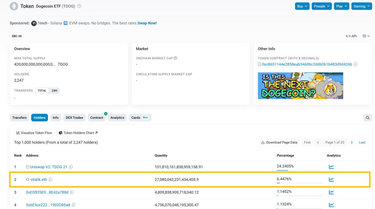 DogeETFTDOG's tweet image. 🔹@VitalikButerin🔹 is the top holder of $TDOG.😉😉
etherscan.io/token/0xc86511…