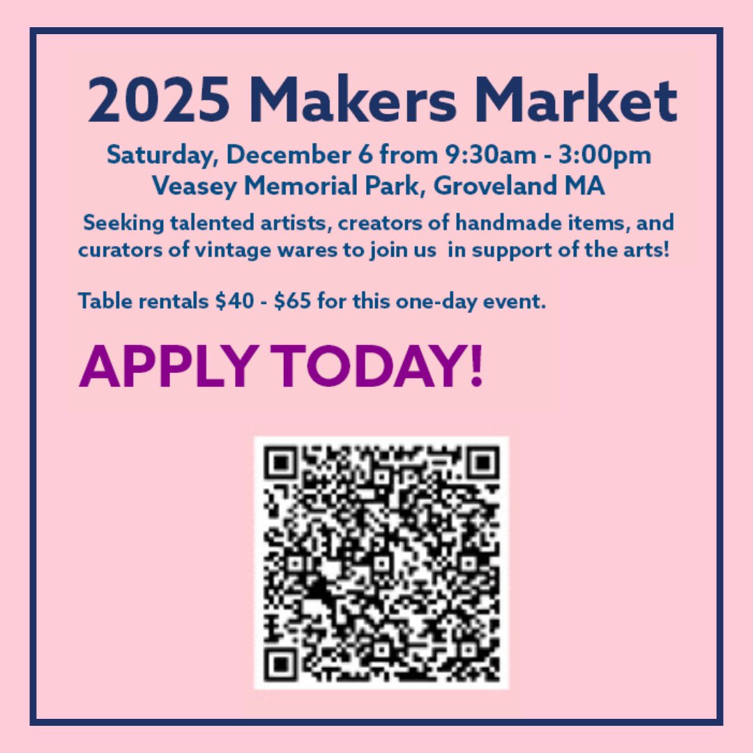 ✨ Makers Wanted! ✨ Apply now for the 2025 Makers Market 🎨 Sat, Dec 6 @ Veasey Memorial Park, Groveland MA. Showcase your handmade + vintage goods &amp; support the arts! Tables $40–$65. #MakersMarket #PentucketArts #ShopSmall #SupportTheArts