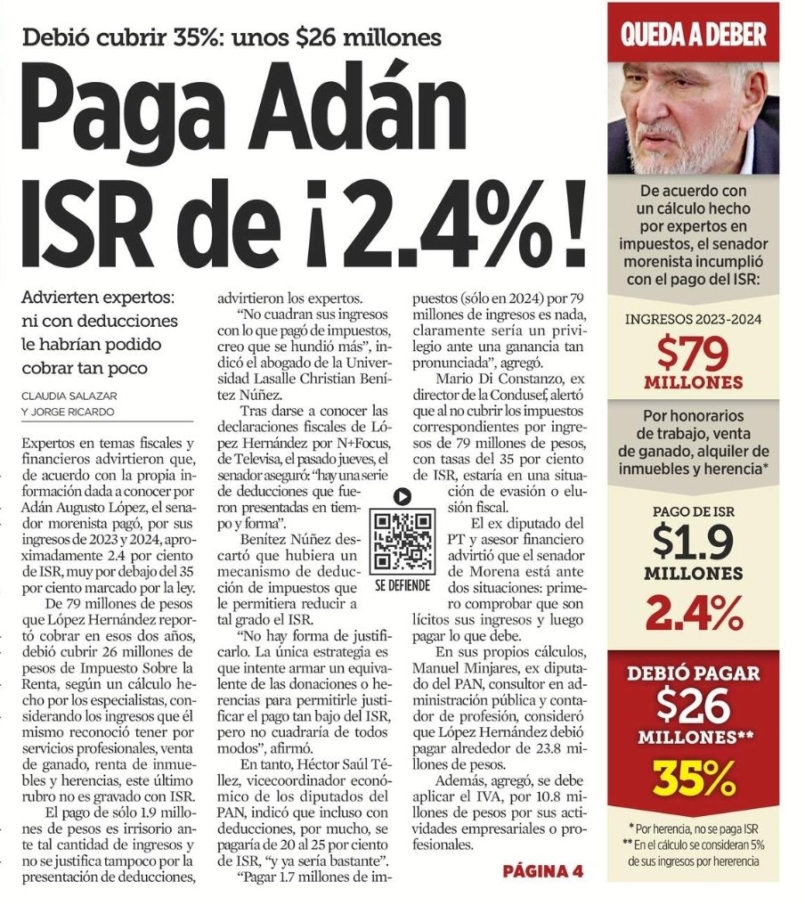Melissa_Bely's tweet image. Morena es el cáncer de México.

Adán Augusto debió pagar de impuestos:
26 millones de pesos. 

Pero el SAT solo le cobró...
¡ 1.9 millones de pesos !

¿A ustedes también los ayuda el SAT o nomás aplica para los corruptos de Morena?

El crímen organizado se llama Morena.

👇