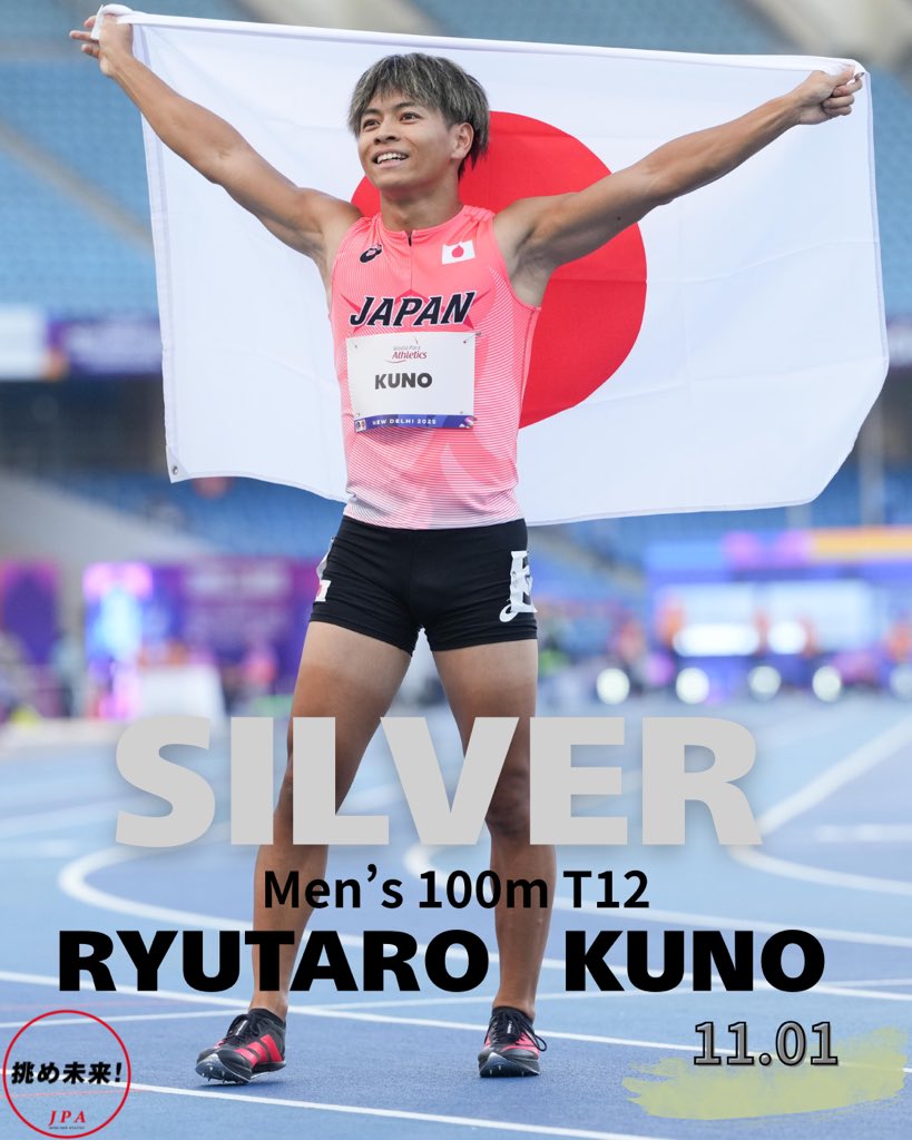 JPA54934306's tweet photo. 【ニューデリー世界パラ陸上】 DAY2 

28日、男子100ｍ決勝(T12クラス・視覚障がい）、久野竜太朗選手(シンプレクス）が11秒01(−0.3)のタイムで銀メダル🥈を獲得！

久野選手コメント 
「支えてくれた方々にめちゃくちゃ感謝を伝えたいです。メダル獲得はうれしいと言いたいが悔しい。金を目指したい https://t.co/WgxGGR8mSG