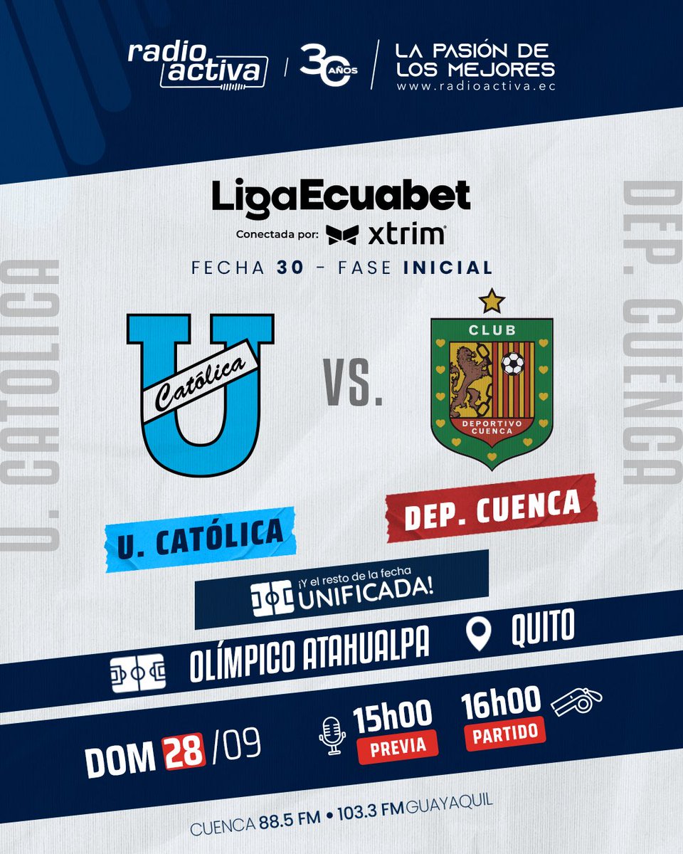 🎙️⚽️ ¡Se define la fase inicial!

🎤 Desde las 15:00 te contamos todos los detalles de #UCatólica 🔵⚪️ 🆚 #DCuenca 🔴⚫️ y en simultáneo lo que ocurra con los partidos unificados 🏟️🔥 

📻 88.5FM CUE | 103.3FM GYE
🌍 radioactiva.ec
📱 Facebook y Youtube
