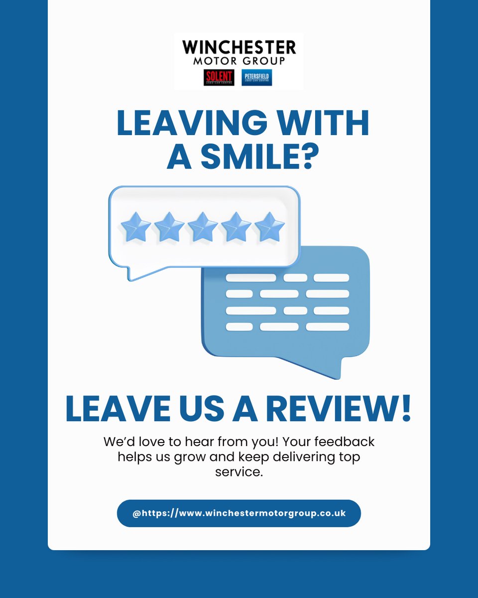 WinchMotorGroup's tweet image. 💬 We’d love to hear from you! Had a great experience with us? Let us know by leaving a review, your feedback helps us grow and keep delivering top service. ⭐
#WinchesterMotorGroup #CustomerFeedback #LeaveAReview #CustomerExperience #ReviewUs #YourOpinionCounts