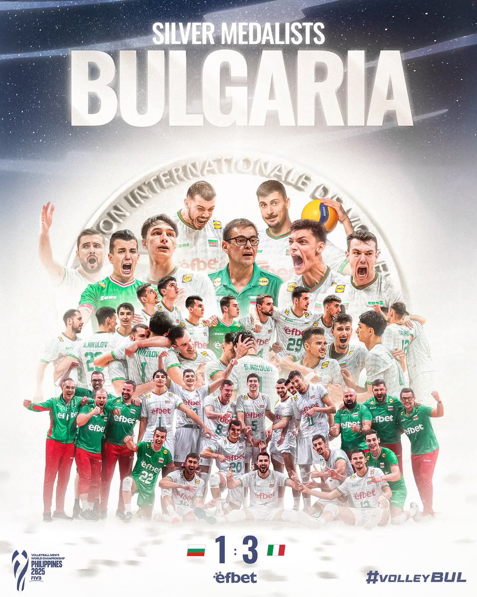 zhani1919's tweet photo. ВТОРИ В СВЕТА! 🇧🇬🥈🇧🇬

🌎 Целият свят видя какво значи да бъдеш БЪЛГАРИН!

Историята се пише с пот, кръв и вяра. Нашите момчета го направиха – сребро от Световното първенство! 

#volleyBUL #SilverMedalists #ВторивСвета🇧🇬🥈🇧🇬 https://t.co/ep5FoNGz4Z