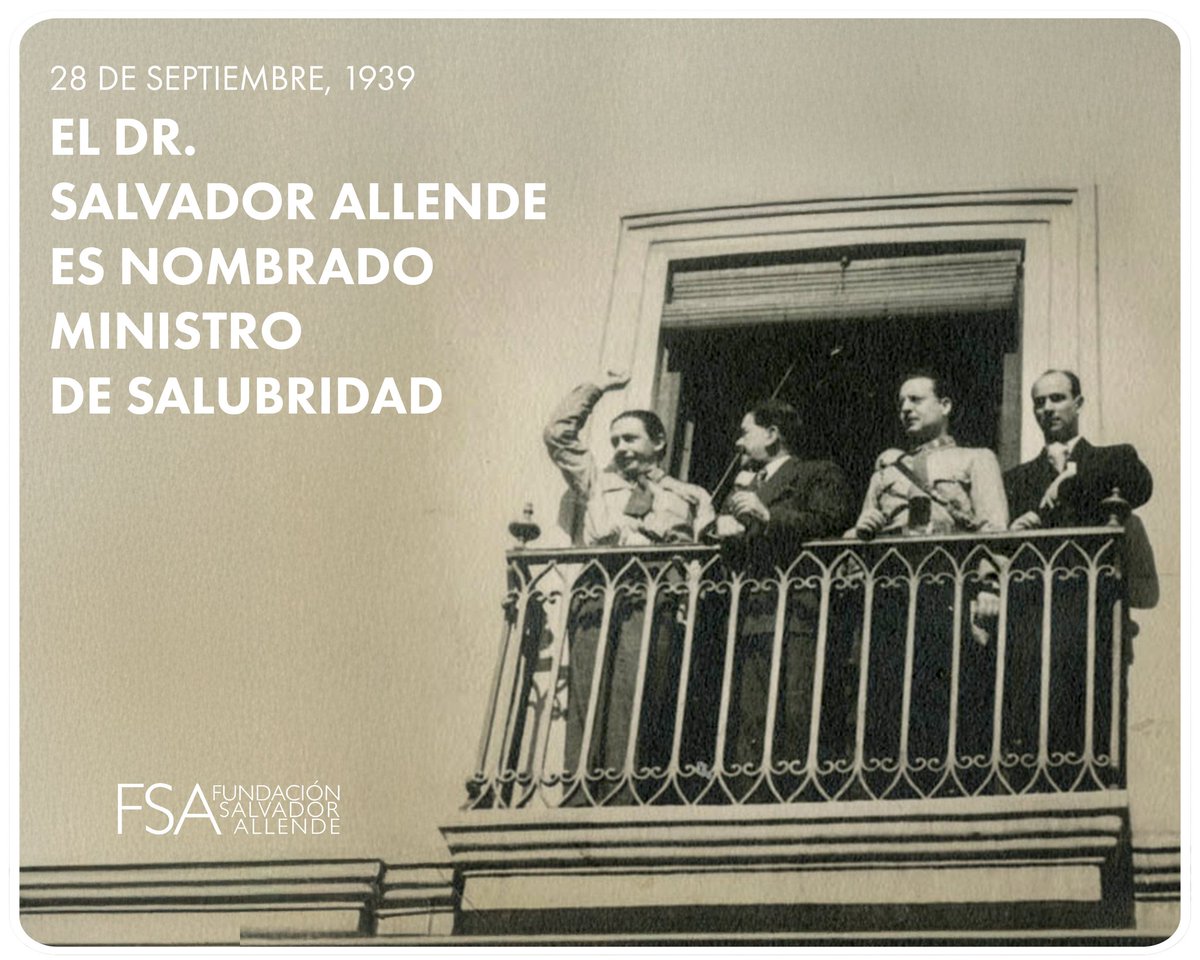 Hoy, hace 86 años, el Dr. Salvador Allende asumió como ministro de Salubridad bajo Pedro Aguirre Cerda.

Impulsó el primer catastro de salud chilena y organizó la 1.ª Exposición de la Vivienda, visibilizando el déficit habitacional.

#HistoriaDeChile