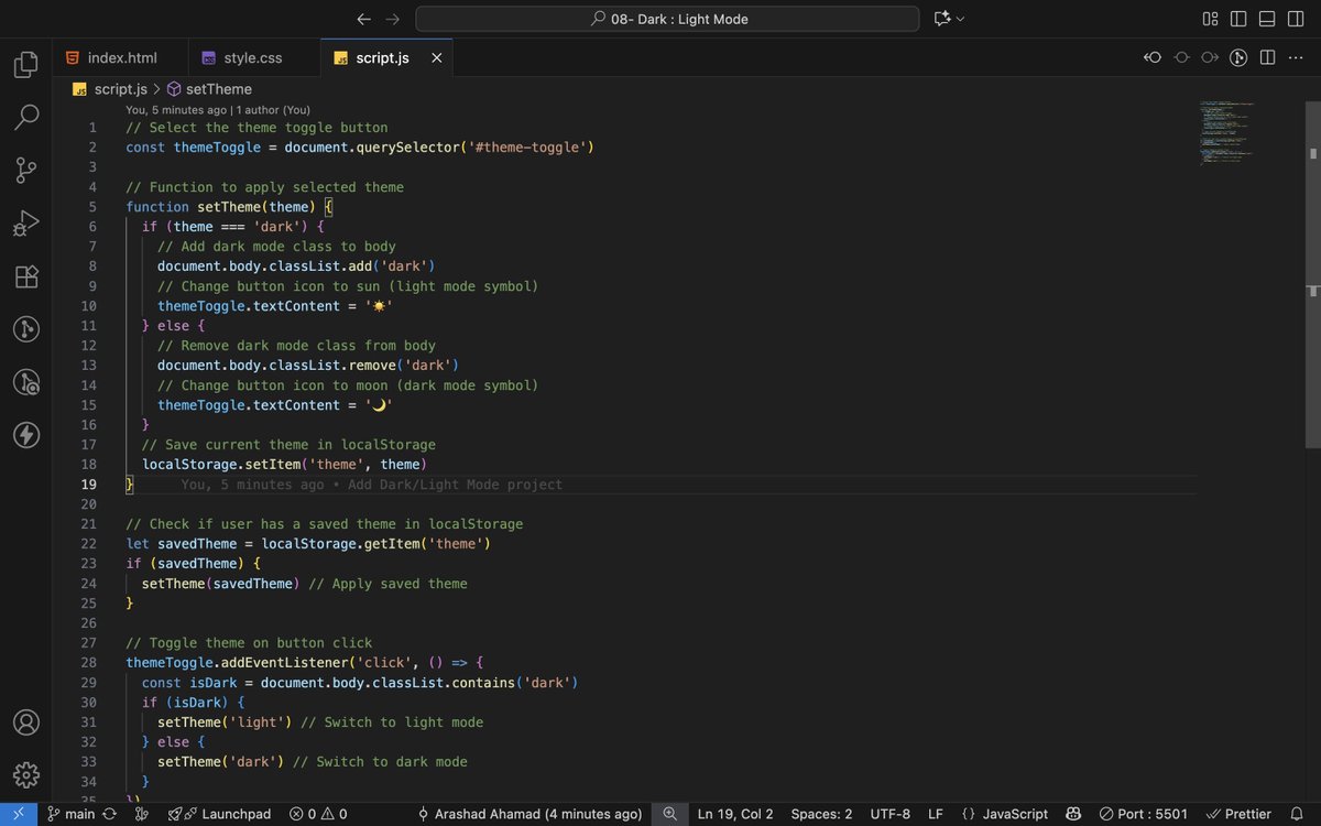 ArashadAhamad10's tweet image. Day 140 of #200DaysOfCode
Built a Dark / Light Mode toggle using HTML, CSS, JavaScript & localStorage 🌙☀️
The theme now persists even after refreshing the page!
#Frontend #WebDevelopment #HTML #CSS #JavaScript #100DaysOfCode #WebDev #CodingJourney #BuildInPublic