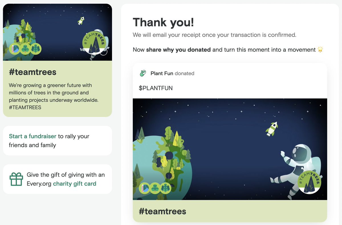 plantfunSOL's tweet photo. 1USD = 1 Tree Planted by #teamtrees led by @MrBeast 

We have basically planted 100 trees with this donation. $PLANTFUN movement all the way🌱🌳

TX: https://t.co/t6WBxXcuuI https://t.co/6Q2poGE9mP
