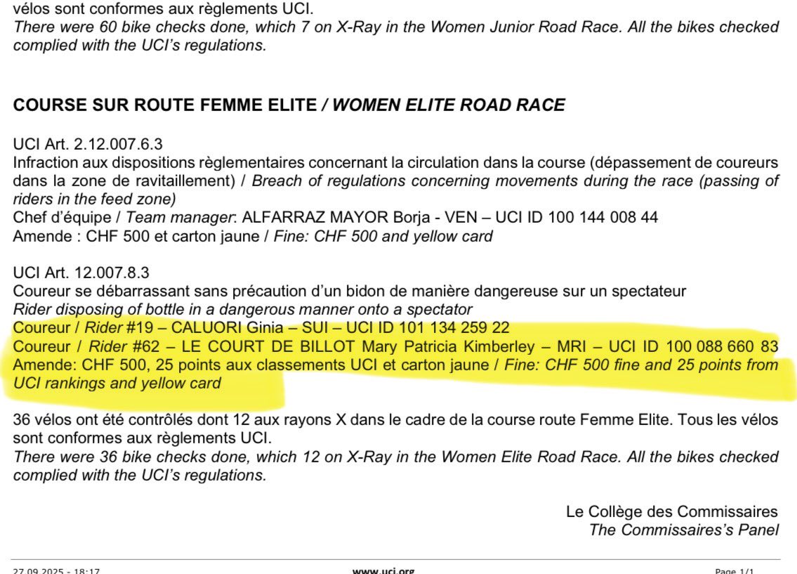 CyclingAfrica's tweet photo. We found out two things today:
๐ฒ๐บ @KimLeCourt middle name is Patricia, who knew?
๐พ๐ณ You get a CHF500 fine + 25 pts deduction + a yellow card for bouncing an empty bidon off a spectators head!
#RulesRulesRules #Kigali2025 https://t.co/enIazvQ6O1