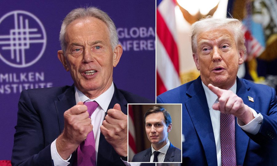 Donald Trump in a blue suit and red tie, pointing forward, standing in front of American flags. Tony Blair in a dark suit and purple tie, gesturing with both hands, with the Milken Institute Global Conference logo visible behind him. Jared Kushner in a dark suit and tie, inset in a smaller frame.