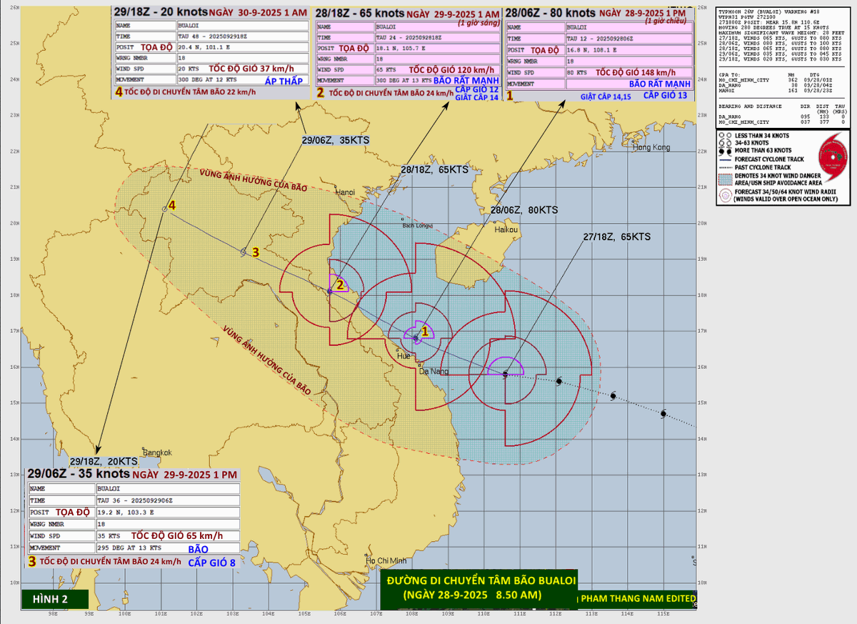 The eye path of typhoon "BUALOI" newly updated. The eye of the typhoon is  now predicted to make landfall in the THANH TRACH, QUANG BINH province-Vietnam with wind speeds of 120-130 km/h, eye movement 300 deg. at 24 km/h. Details please see  in: facebook.com/phamthangnam.3…