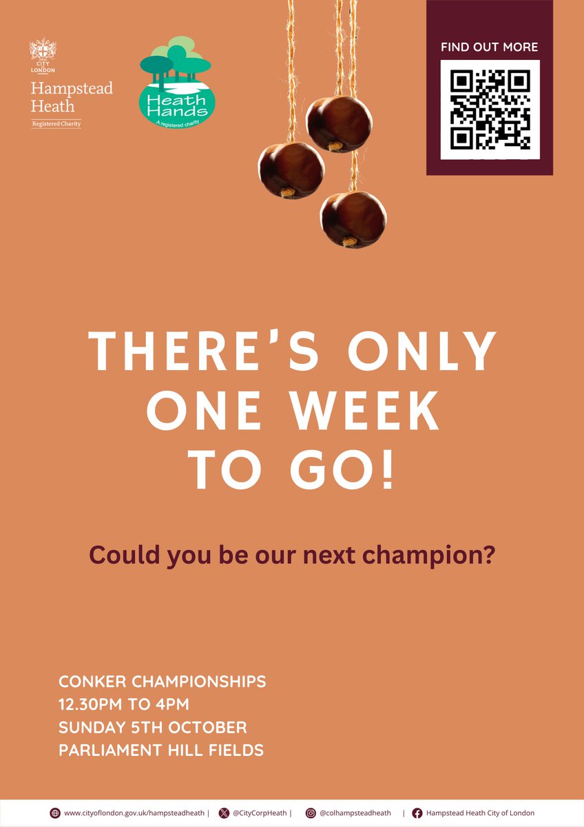 The countdown has officially begun!

With only 1 week to go until our Conker Championships, are you up to the challenge?🏆

⏲️ 12:30 - 4:00pm
🗓️ Sunday 5 October
🗺️ Parliament Hill Fields

Coming along? Let us know in the comments!⬇️🍂

#conkerchampionships #hampsteadheath