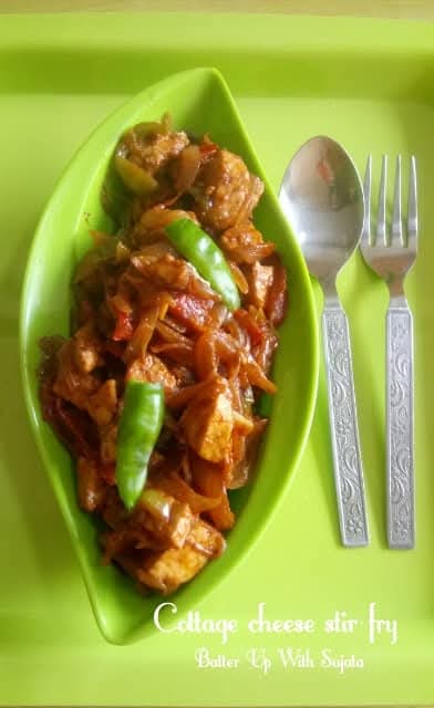 Cottage cheese or paneer capsicum stir fry.
A delicious yet very easy to make side dish. Something like chilli paneer but you don’t have to fry the paneer or make a batter. Just fry the onions till translucent and all the ingredients. batterupwithsujata.com/2018/09/cottag…