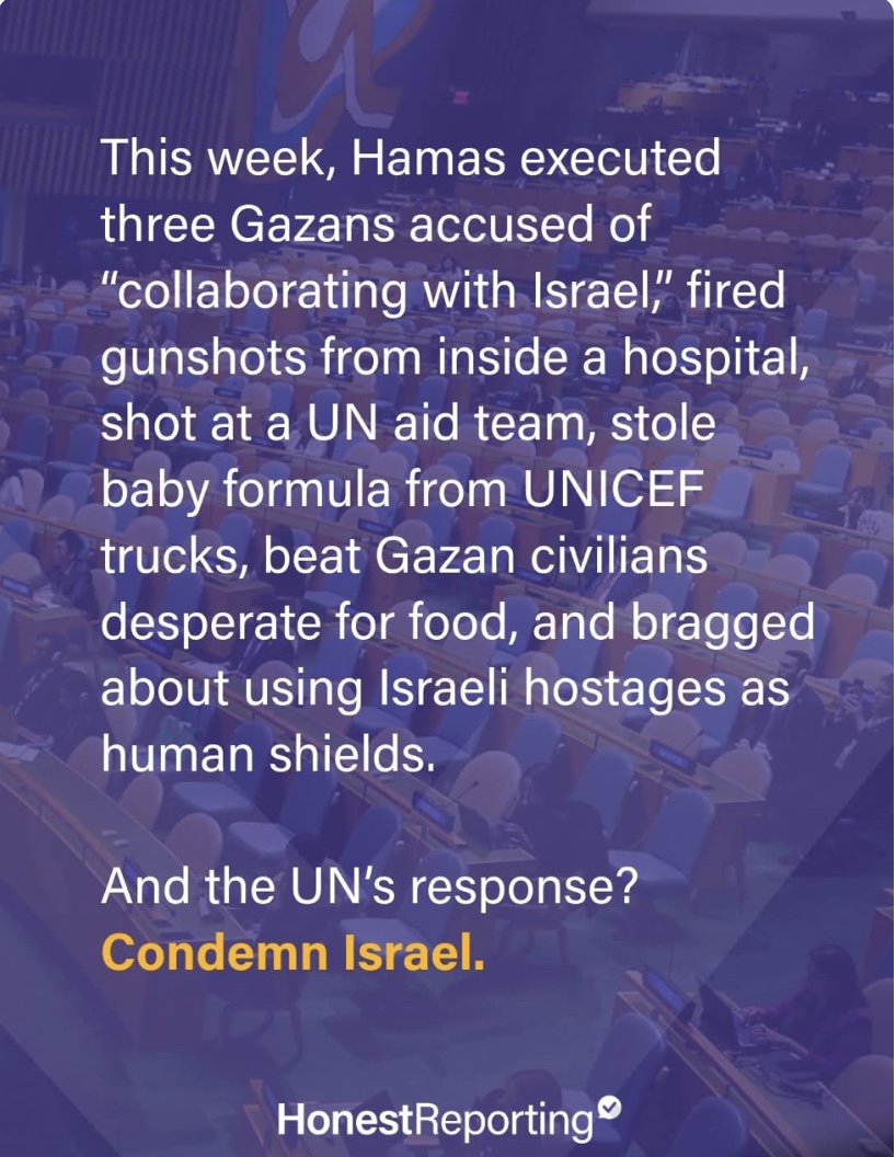 Hamas executeert Palestijnen, schiet vanuit ziekenhuizen, valt VN-hulpteams aan, steelt babyvoeding en gebruikt gijzelaars als menselijk schild. De VN ziet het… en veroordeelt Israël. Absurditeit als diplomatie.

#UN #Israel #Hypocrisy