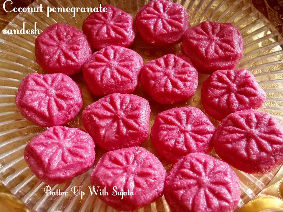 coconut pomegranate sandesh. A delicious and soft dessert to celebrate this festival. batterupwithsujata.com/2017/09/coconu…