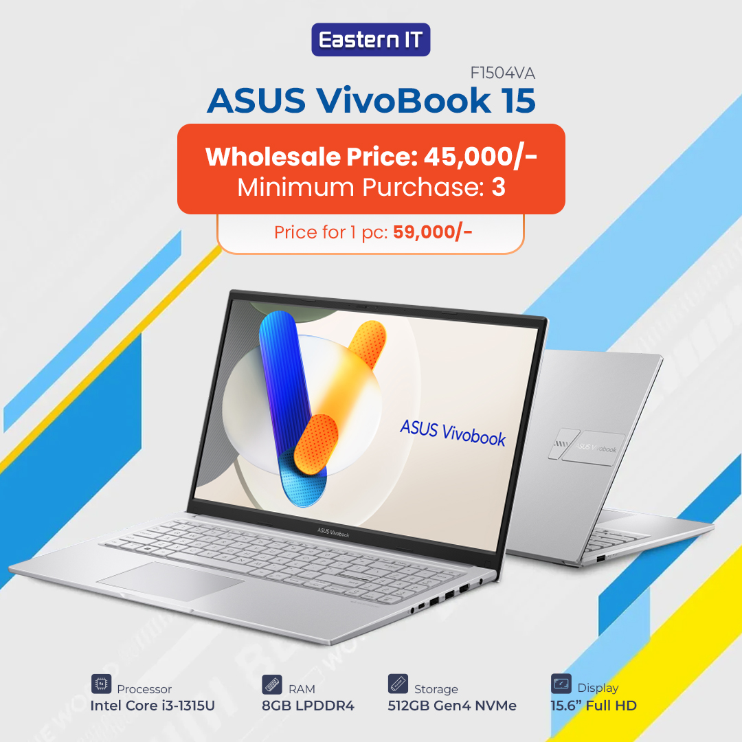 easternitbd's tweet image. 🔥৳৳𝟒𝟓,𝟎𝟎𝟎 𝐖𝐡𝐨𝐥𝐞𝐬𝐚𝐥𝐞 𝐏𝐫𝐢𝐜𝐞 (𝐌𝐢𝐧 𝟑 𝐏𝐜𝐬)! 𝐀𝐬𝐮𝐬 𝐕𝐢𝐯𝐨𝐛𝐨𝐨𝐤 𝐅𝟏𝟓𝟎𝟒𝐕𝐀 –𝐆𝐞𝐭 𝟏 𝐏𝐜 𝐚𝐭 ৳𝟓𝟗,𝟎𝟎𝟎
⚡Core i3 1315U| 8GB RAM| 512GB SSD | 15.6’’ FHD | Silver Color
 👉 tinyurl.com/ae8z4nvu
#EasternIT #Wholesale  #AsusLaptop