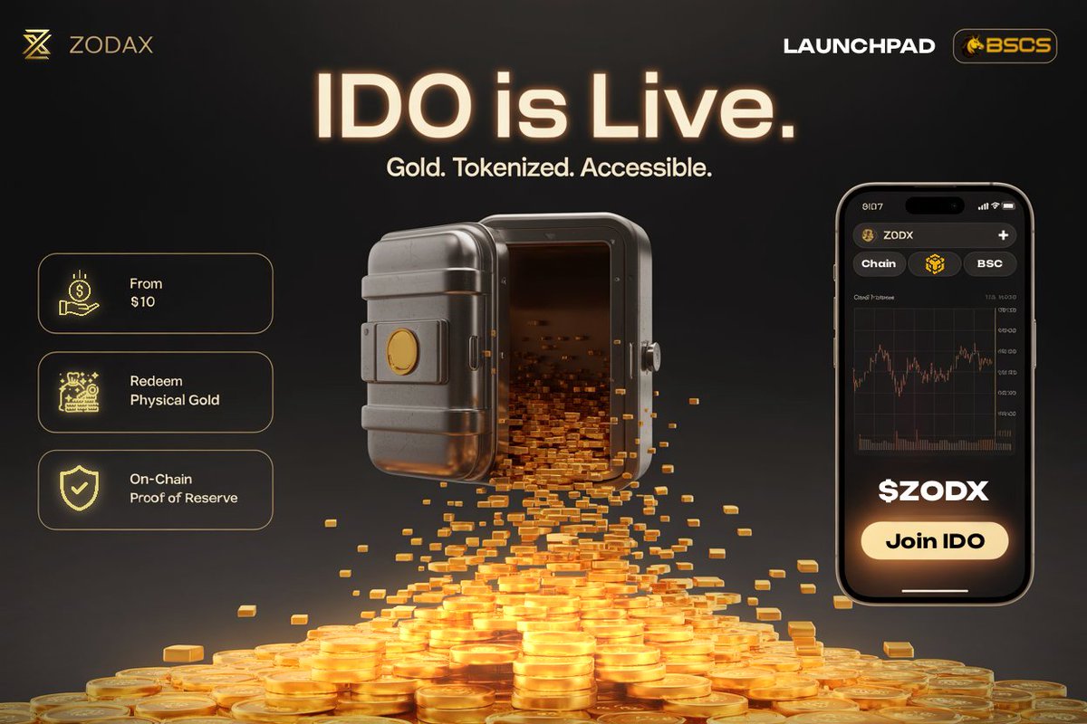 🚀 The wait is over.

The Zodax IDO is officially LIVE💥.
The future of Gold tokenization starts now!

👉 Join the IDO today with <a href="/BSCS_Global/">BSCS Official</a>:
 launchpad.bscs.finance/Ido/Details?ke…

🔑 $ZODX lets you:
✨ Own licensed gold starting from just $10
✨ Access on-chain proof-of-reserve audits
✨