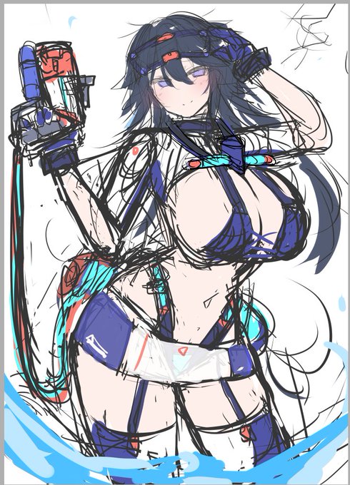 昨日の凪夏ちゃんもラフのときはV字パンツ+透けスカートだったり半袖だったりあのなんか空気出るやつを胸に沈ませたりしてたのだこのラフからああなる 