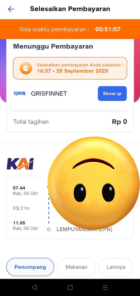 Kafkanisme's tweet photo. Tinggal payment aja harusnya, Qris-nya malah yang error, aku ora popo~😄 Kai Access #kaiaccesserror #kai #ptkai https://t.co/OA3sBHQBq8