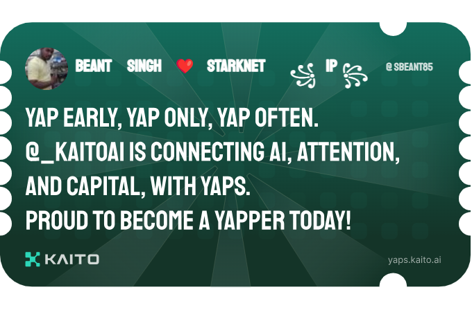 sbeant85's tweet photo. Yap early, yap only, yap often.

@KaitoAI is connecting AI, attention and capital with Yaps.

Just claimed my social card and I'm accumulating Yap points in real-time.

Claim yours 👉 https://t.co/BsRMaMcJMA https://t.co/nMd38znUuq