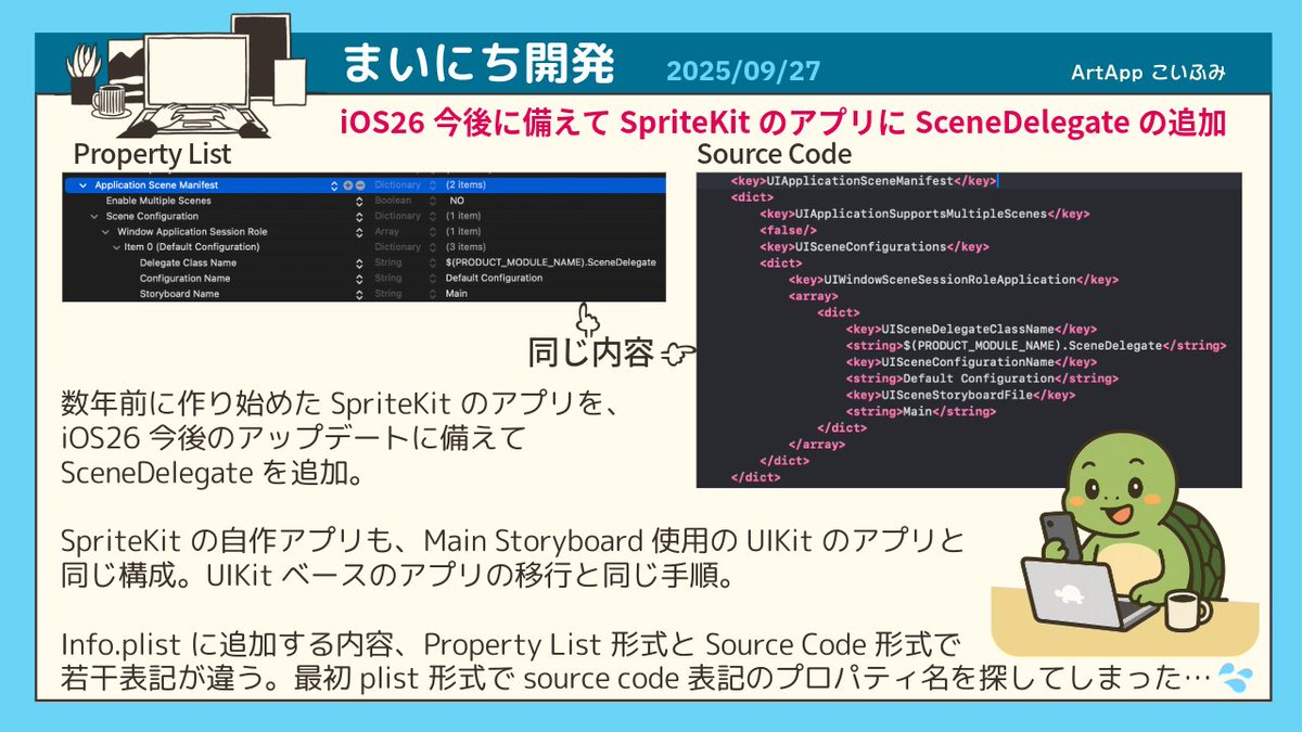 koi_okasira's tweet image. 9/27の【まいにち開発】👩‍💻

🎮配信中ゲームの小アプデ開発

📱iOS26今後に備えて、数年前のSpriteKitのアプリをUISceneベースのライフサイクルへ移行、完了！

Info.plistに追加するプロパティ名、表示形式で若干表記違うの少しハマった😅
ドキュメント読んだら書いてあった

#Swift #SpriteKit