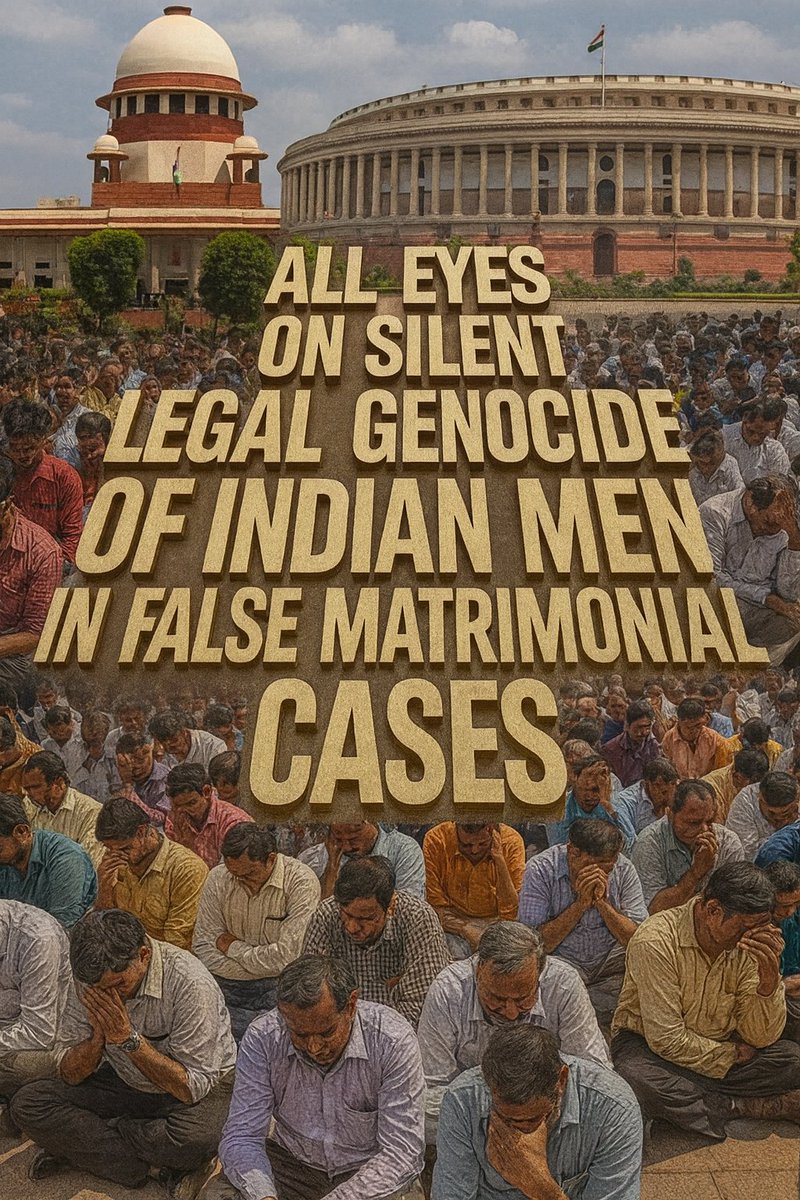 TrumpSaveBharat's tweet image. 🚨 ALL EYES ON INDIA 🚨

Silent Legal Genocide is happening every day.
Thousands of innocent Indian Men &amp;amp; Parents are being crushed under false matrimonial cases.

Parliament &amp;amp; Judiciary stay silent while families cry.

#JusticeForMen #JudicialReforms #StopMisuse #MenToo