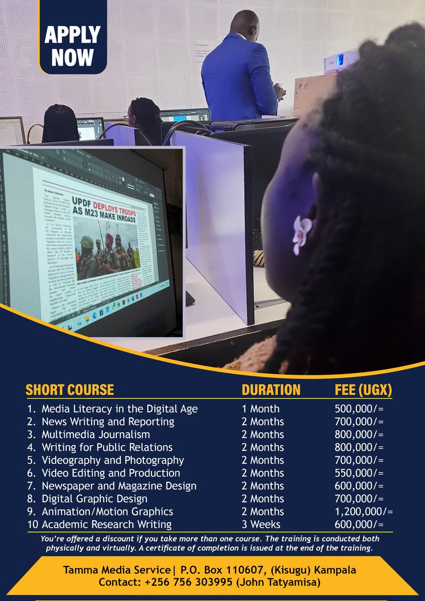 TatyamisaJohn's tweet image. Upgrade your skills in Journalism, Media, and Communication. Enroll in any of the short courses below — available both online and in-person.
For more information, WhatsApp: +256 756 303995