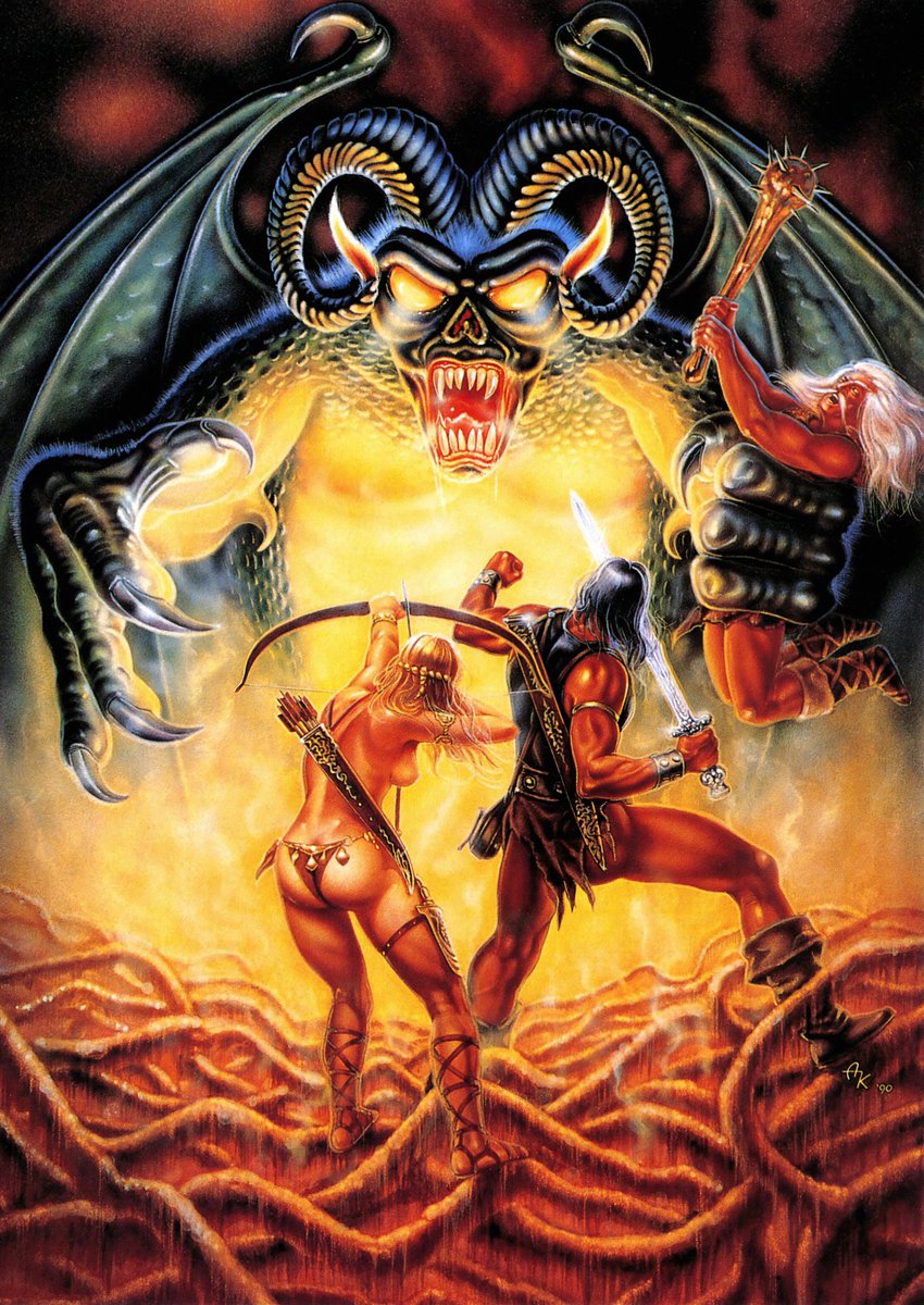 Quarterstaff: The Tomb of Setmoth artwork by Akira Yoneda aka Akira Komeda used on the cover of the #NEC #PC98 and #SharpX68000 releases in Japan. This seems to heavily draw from Ken Barr's artwork used on the MacOS release from 88. Usual upscale/clean/retouch combo applied.