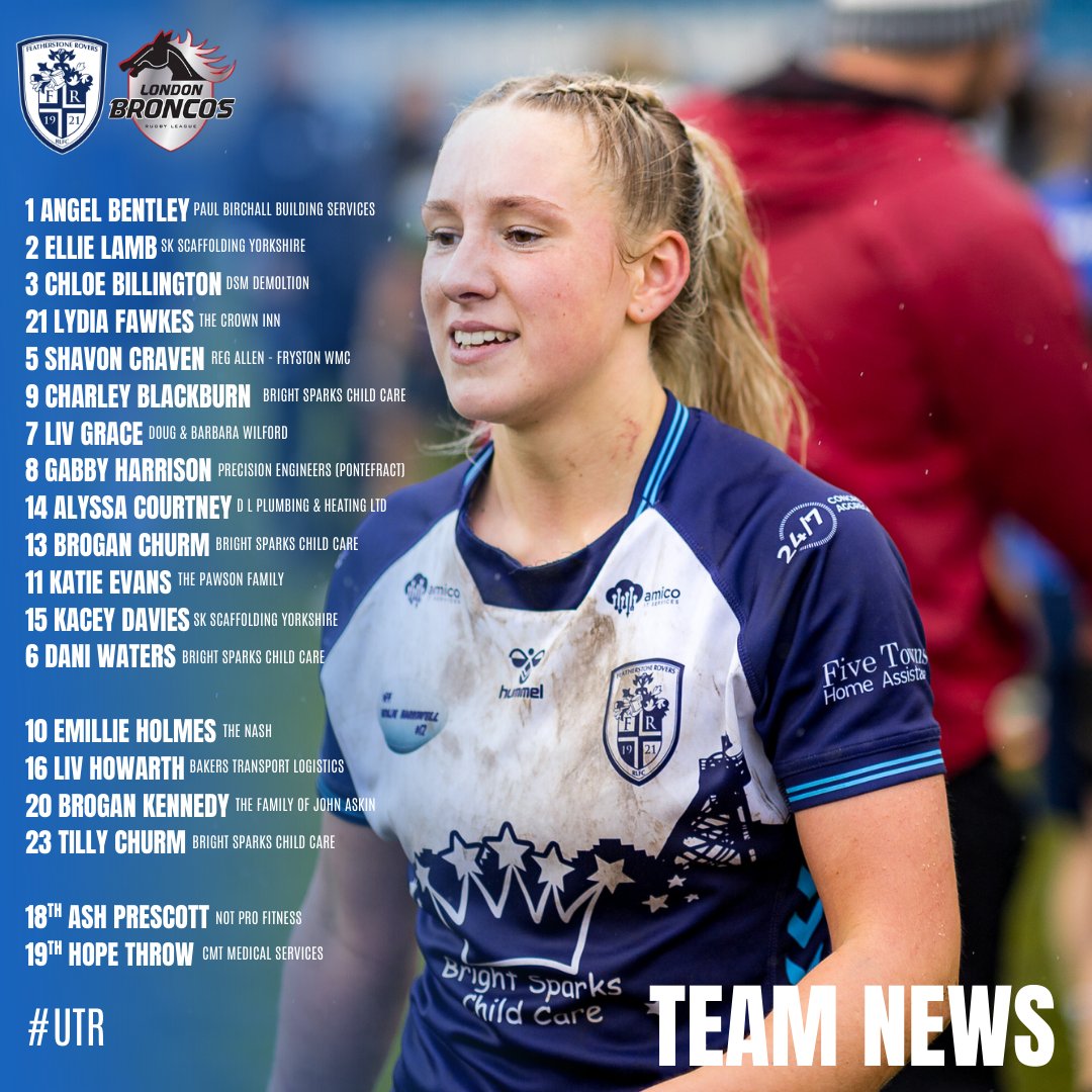 🔐 TEAM NEWS 

One last push! 👊

🤝 Liv Grace and Charley Blackburn in the halves
🔙 Shavon Craven back on the wing
🔥 Alyssa Courtney ready to chase down top try scorer

📸 Steve Biltcliffe Photography

#UTR | #BackTheRovers