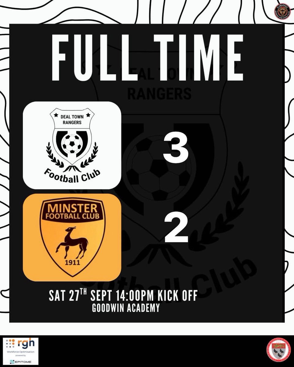 RESULT

Deal Town Rangers FC 3-2 Minster FC 1911

HT: 3-2 

Goals: Tristan Chapman x1, Charlie Hills x1 &amp; Darren Lynch x1

Assists: Trav Austin x1, Tristan Chapman x1 &amp; Scott Lisle x1

M.O.M. Scott Lisle