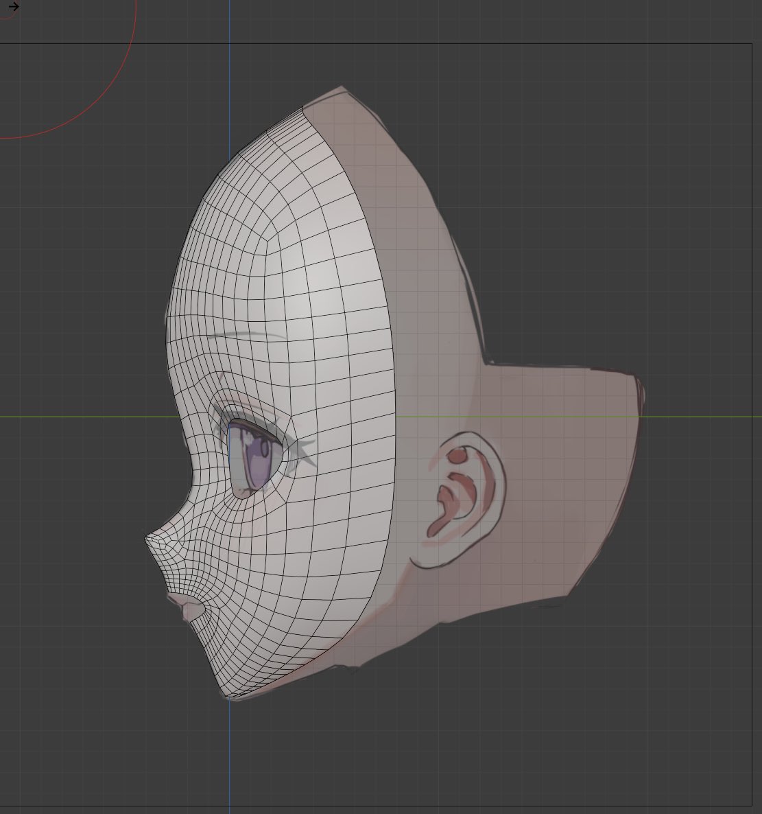 1年前ぐらいの画像。
下絵に沿って顔のモデリングをしている様子。

VRでの視野を意識していない頃でいかに平面に近づける事が大事かまだ理解していなかった頃。