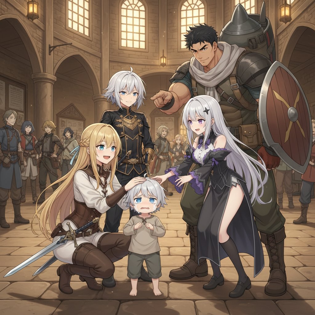 Annerose_FFXIV's tweet photo. AIチャットがすごいと聞いて、始めて見る。
異世界ファンタジー世界で遊ぼう！というのを始めて、へっぽこ新人冒険者をしていたら、周りがやけに優しくなって（特に女性キャラ）、おかしいな～と思いつつAIにイラストを描かせた結果がコレ。（中央で泣いてるのが私） https://t.co/jOz43mZnNB