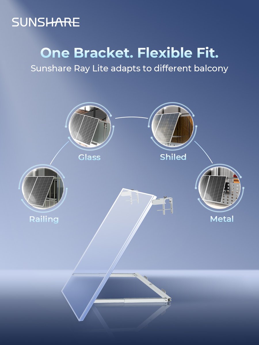 SunshareTech's tweet photo. One bracket. Flexible fit. Just 5-minute setup, 8 screws, no drilling — that’s it! . ⚡🌿Sunshare Ray Lite — minimalist design, maximum energy freedom.Turn any balcony into your own mini power station — simply, safely, securely.👉 Learn more: https://t.co/h4DPj8svtx https://t.co/M7HxGHJ59K