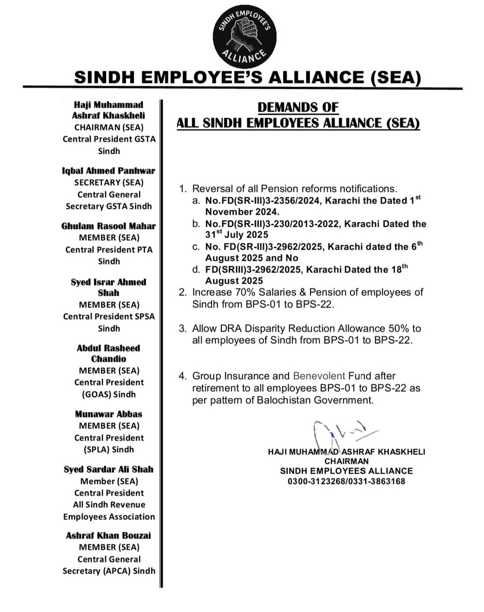 #سندھ ايمپلائيز الائنس کے مطالبے
1۔ پنشن ريفارمز کے سارے نوٹیفکیشن واپس لئے 
جائیں
2۔ ملازمین کی تنخواہوں میں ستر فیصد اضافہ
اور
3۔ پچاس فیصد ڈی آر اے دیا جائے
4۔ ملازمین کو ریٹائرمنٹ کے وقت گروپ انشورنس اور بینیوولینٹ فنڈ دیا جائے۔#JusticeForSindhEmployees