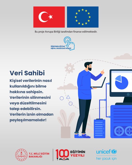 Three images of people interacting with digital devices. A man points at a screen displaying a pie chart, a woman adjusts settings on a computer, and a globe with icons like speech bubbles, a shopping cart, and a thumbs-up. Turkish and EU flags, logos for EC Milli Eğitim Bakanlığı, 100 Eğitim Yüzlü, and UNICEF, and text in Turkish about data rights and access to information.