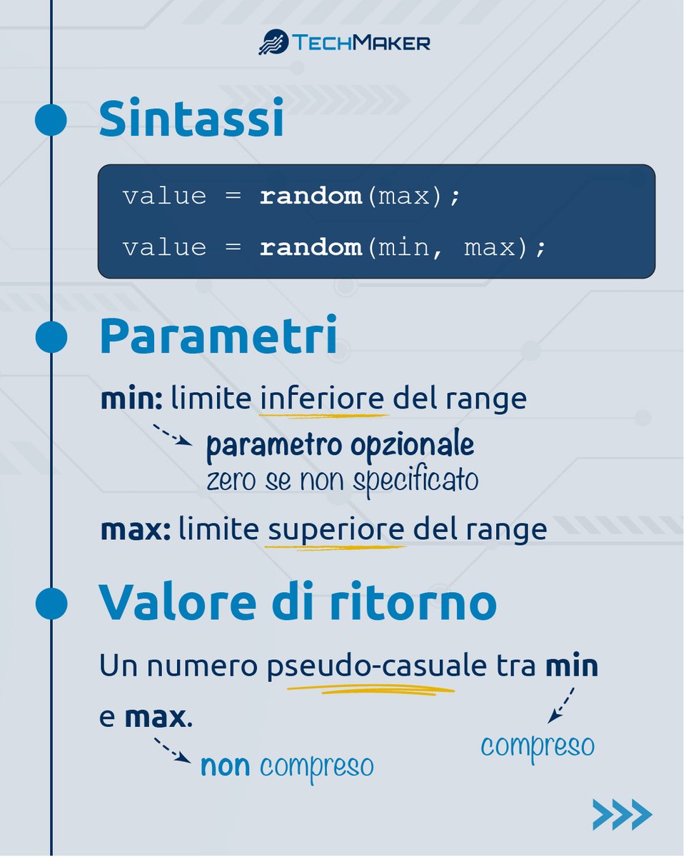 TechMakerIT's tweet image. A cosa serve la funzione random()?
🎯 La funzione random genera un numero pseudo casuale.
#TechMaker - Libera la tua #vogliaDiCostruire 
#arduino #elettronica #random #sketch #programmazione #codice