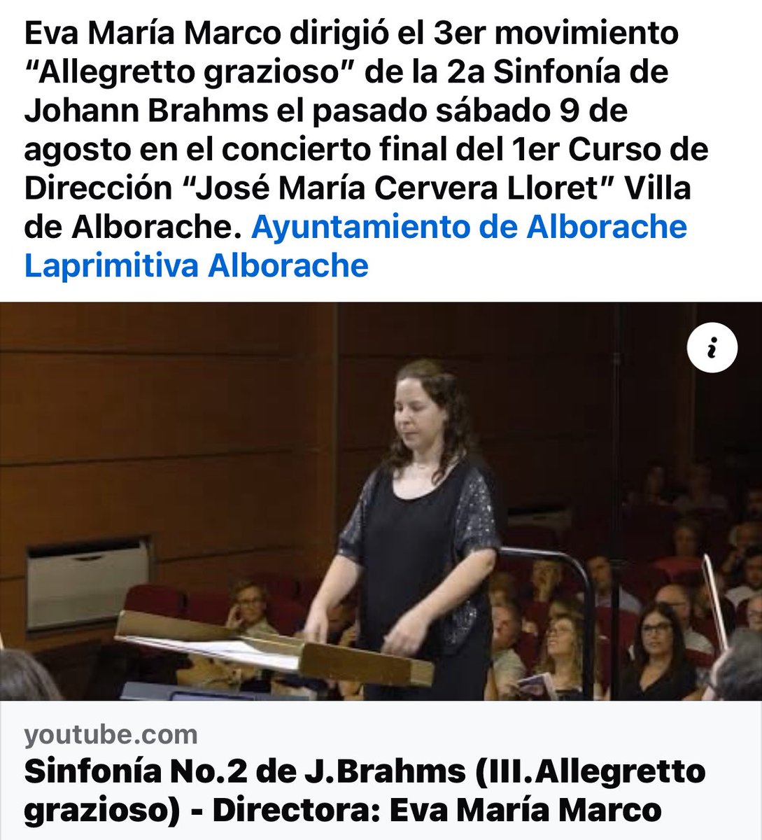 Eva María Marco dirigió el 3er movimiento “Allegretto grazioso” de la 2a Sinfonía de Johann Brahms el pasado sábado 9 de agosto en el concierto final del 1er Curso de Dirección “José María Cervera Lloret” Villa de Alborache. youtu.be/_ueTXgIydq0?si…