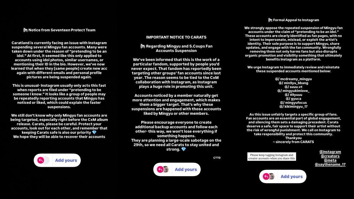 [🚨]

MG fan accounts on IG (mostly noticed him) have been suspended after being targeted for reporting right before CXM's unit debut.

seventeen_protect on ig has posted a template to bring attention to this issue, please share and spread among carats!
🔗 instagram.com/stories/sevent…
