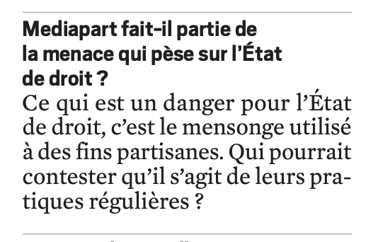Dans <a href="/leJDD/">Le JDD</a> ce matin, une question rhétorique à Sarkozy assimile <a href="/Mediapart/">Mediapart</a> à une menace pour l’État de droit. Les chaînes d'info, en boucle, se livrent à la même inversion du réel. Le trumpisme est déjà là, et avec lui les attaques contre la justice ou la presse indépendante.