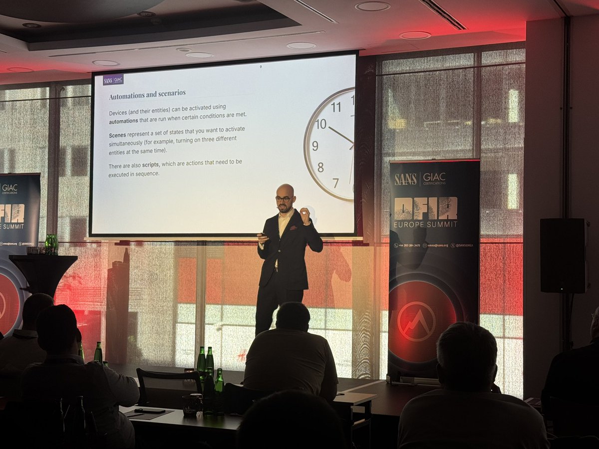 sansforensics's tweet photo. Live at #DFIRSummit Europe: Andrea Lazzarotto shows how smart homes = digital evidence goldmines. 

From Home Assistant logs, investigators can trace movements, device use &amp; timelines to support or challenge statements.

#DFIR #IoT #DFIREurope25 @SANSEMEA https://t.co/wCeL3ERuwd