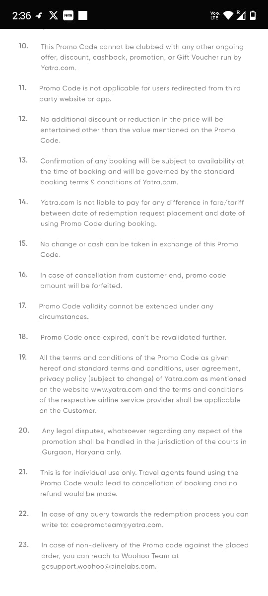 GenzJagrukJanta's tweet photo. @Yatra_Care Attaching the T&amp;Cs here – kindly point out where exactly it is mentioned that voucher is valid only on roundtrip flights. If you cannot show it, then clearly the T&amp;Cs were modified later without customer consent, which is unfair trade practice.

Please respond  @Yatra_Care. https://t.co/nXU93yBvAi