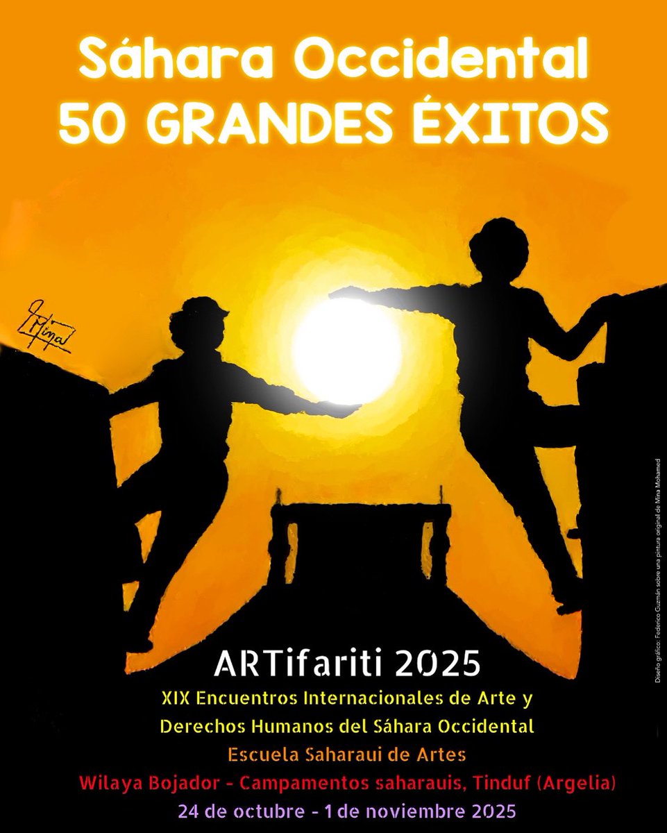 🎨✨ Únete al Grupo de Artistas de Artifariti ✨🎶
Participa en ARTifariti 2025: “50 Grandes Éxitos” en los campamentos saharauis o en la exposición internacional.

📩 Escríbenos por mensaje directo si quieres sumarte.

#ARTifariti2025 #50GrandesÉxitos #ArtePorElSáhara