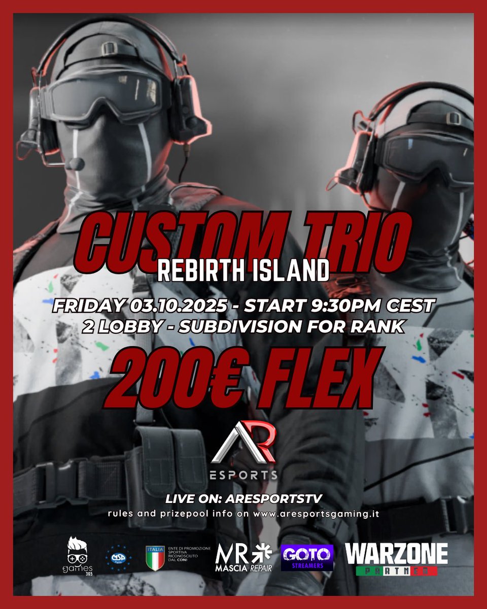 🏆CUSTOM TRIO REBIRTH🏆

🗓️| 03 OCTOBER 9:30PM CEST
🔥| SUBDIVISION FOR RANK
💰| PRIZEPOOL 200€ FLEX
👤| 5 GAME BO 4
📍| HOST EU
🔴| COMMENT FOR SPOT

#CallofDuty  #Warzone  #champs