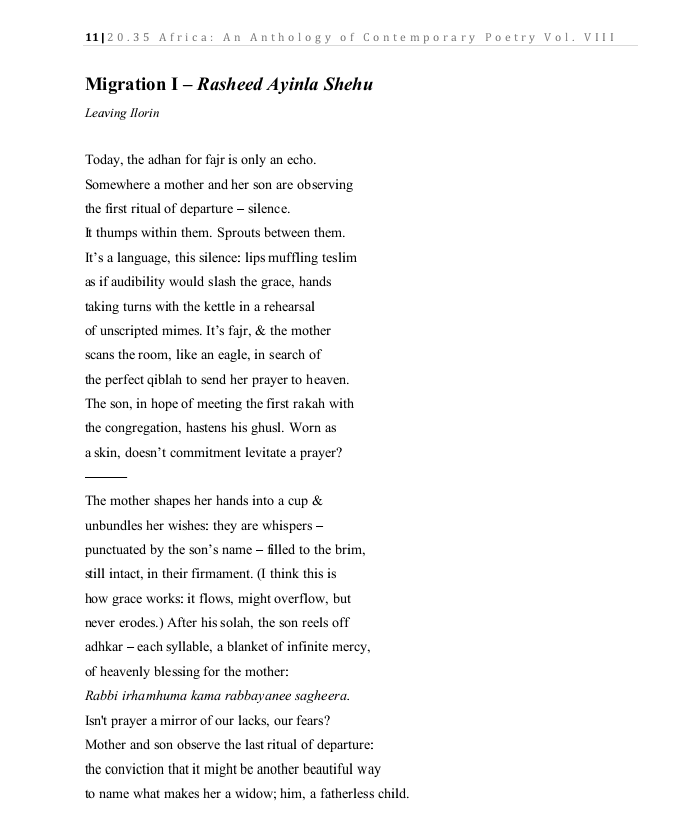 RAS0690's tweet photo. I have a poem in the volume viii of @20_35Africa. Thanks to the guest editors @LubalaSmit and Logan February for giving the piece room in the anthology. It's an honour to appear alongside poets whose works I admire, particularly my friend @gwriting_plug, in the anthology. https://t.co/PPvMVl0yjz