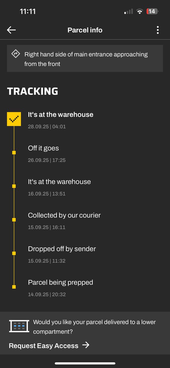 charcording's tweet photo. @InPostUK how much longer is this going to take??? The parcel was dropped off by the sender TWO WEEKS ago!! And it’s now BACK at the warehouse???? A response would be appreciated as I’m getting nowhere with the chat and voice bots that have replaced actual people!!!! https://t.co/X5BJtrE91g