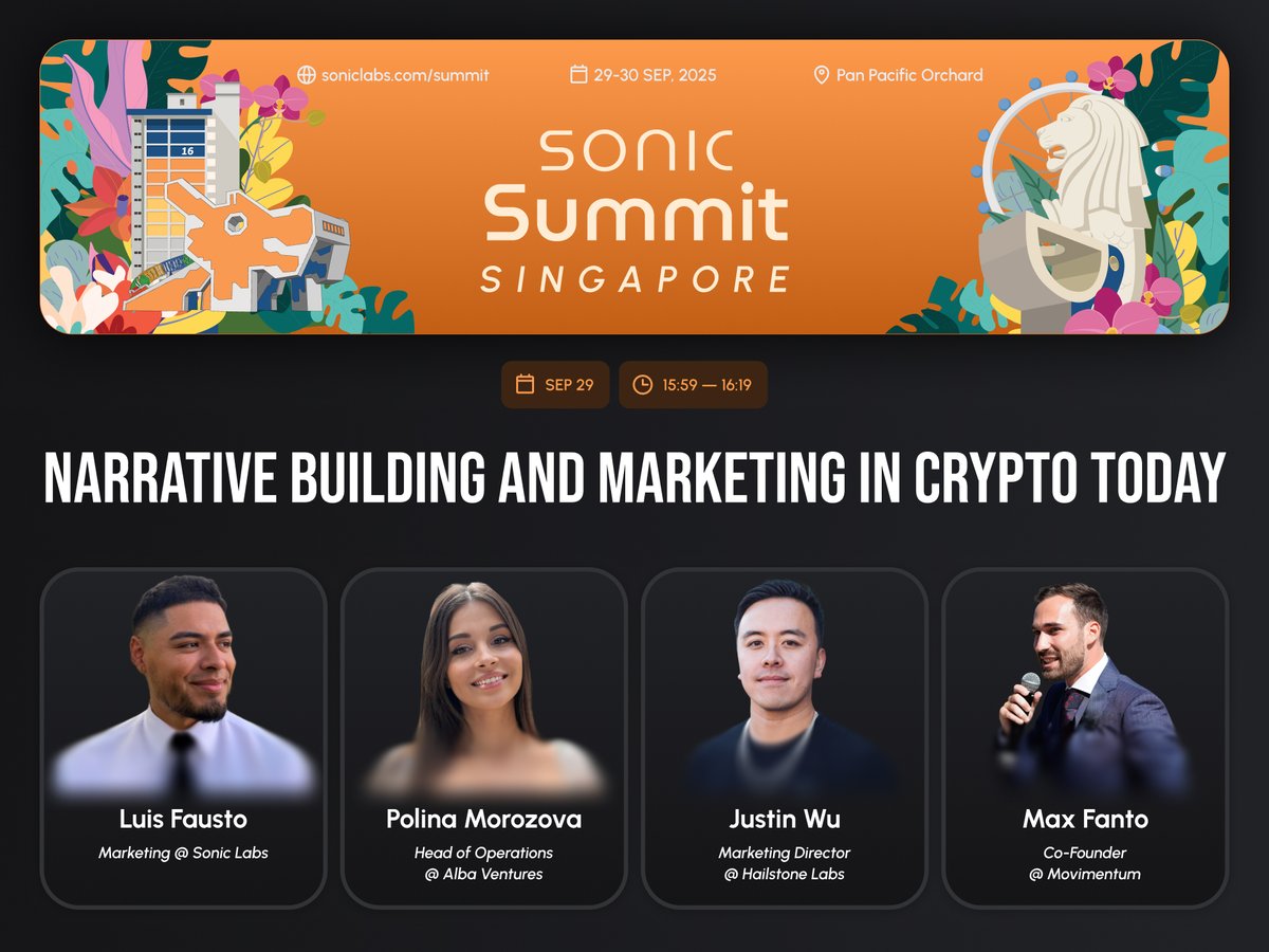 Panel | Narrative Building and Marketing in Crypto Today

🗓️ Mon, Sep 29
🕐 15:59 – 16:19

Featuring:
– <a href="/_lfausto/">luis.sonic | $S 💥</a> (Marketing, Sonic Labs)
– <a href="/polinochkaoops/">Polina</a> (Head of Operations, Alba Ventures)
– <a href="/hackapreneur/">Justin Wu</a> (Marketing Director, Halistone Labs)
– <a href="/MaxFanto_MOV/">Max Fanto</a> (Co-Founder,