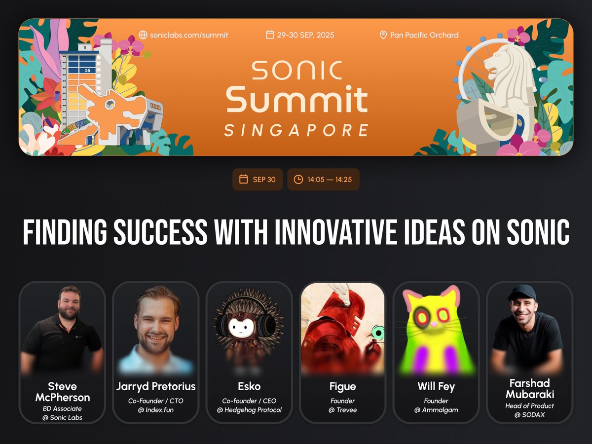 Sonic Summit 小组海报，展示来自 Sonic Labs、Index Fun、Hedgehog Protocol、Trevee、Ammalgam 和 SODAX 的演讲者