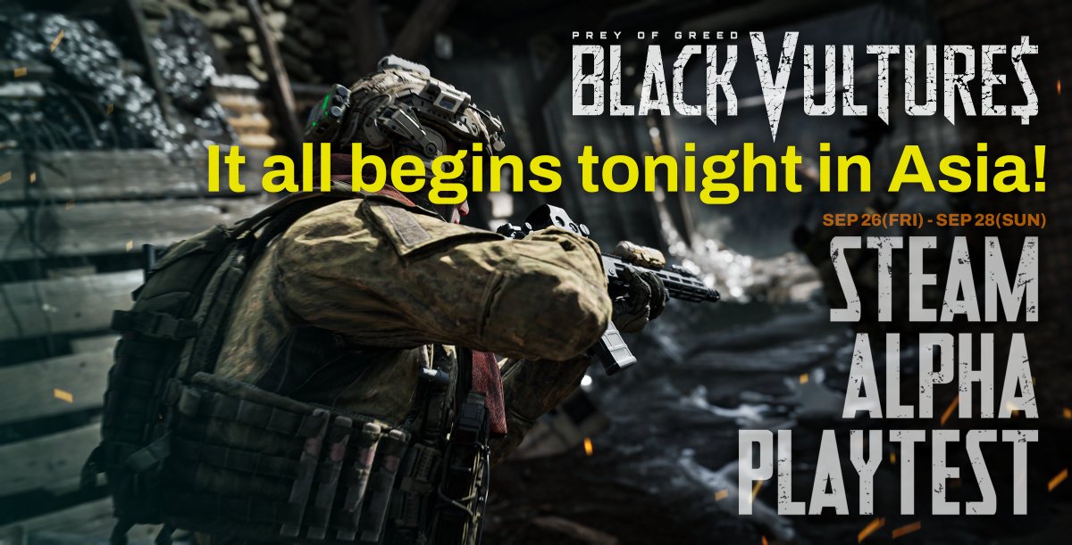 bv_community's tweet photo. The Alpha Playtest enters Day 3!🚀

🦅벌처스!   
오늘은 아시아 알파 플레이테스트 마지막 날입니다.
📅 9월 28일 (일)
🕗 20:00 ~ 24:00 (KST)
이번 주말 동안 전장을 함께 빛내준 모든 분들께 감사드립니다.❤️
마지막까지 팀과 함께 전장을 누비고, 카고를 지켜내며 진정한 벌처스의 생존 본능을 보여주세요.
👉 참여: 스팀 / 디스코드 / X DM

🦅ヴァルチャーズ！
本日は アジアアルファプレイテスト最終日 です。
📅 9月28日（日）
🕗 20:00 ～ 24:00 (JST)
この週末、戦場を共に駆け抜けてくれた皆さんに感謝します。❤️
最後まで仲間と共に戦場を支配し、カーゴを守り抜きましょう。
👉 参加方法: Steam / Discord / X DM

🦅秃鹫们！
今天是 亚洲地区封测最后一天。
📅 9月28日（周日）
🕗 20:00 ～ 24:00 (北京时间)
感谢大家在这个周末并肩作战。❤️
最后一晚，请与队友一起拼尽全力，守护货物，展现真正的生存本能！
👉 参与方式: Steam / Discord / X 私信

🦅禿鷹們！
今天是 亞洲封測的最後一天。
📅 9月28日（週日）
🕗 20:00 ～ 24:00 (台灣時間)
感謝各位在這個週末一同馳騁戰場。❤️
最後一夜，請與戰友並肩作戰，守護貨物，展現真正的生存本能！
👉 參與方式: Steam / Discord / X 私訊

▸ The Black Vultures Team🦅

Discord: https://t.co/mE2VxOCLfx
Twitter/X: https://t.co/ndhHjxM0xv
Youtube: https://t.co/s0qmJI20Dk 

#blackvultures #FPS #Military #fps2025 #multiplayershooter #steamgames #Tactic